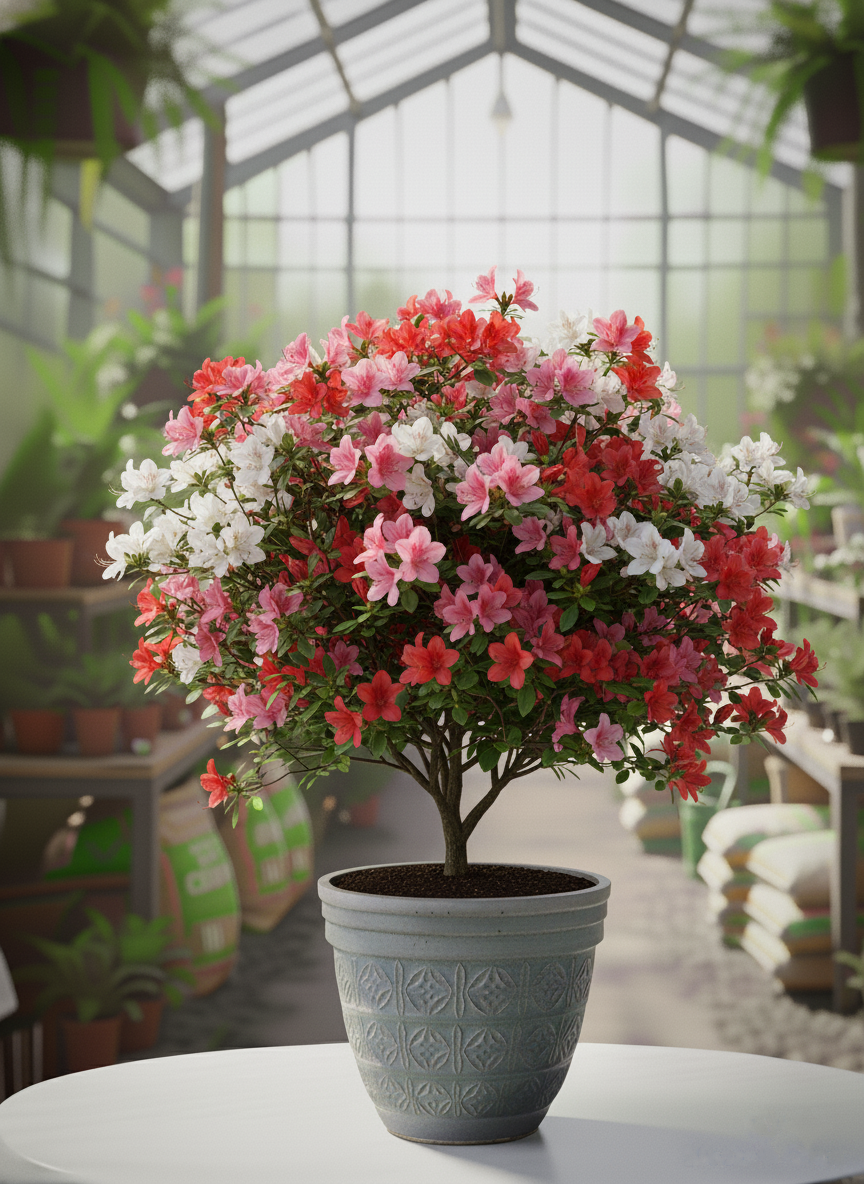 Afyon saksıda açelya çiçeği siparişi - Pembe kırmızı beyaz karışık renkli bol çiçekli bitki