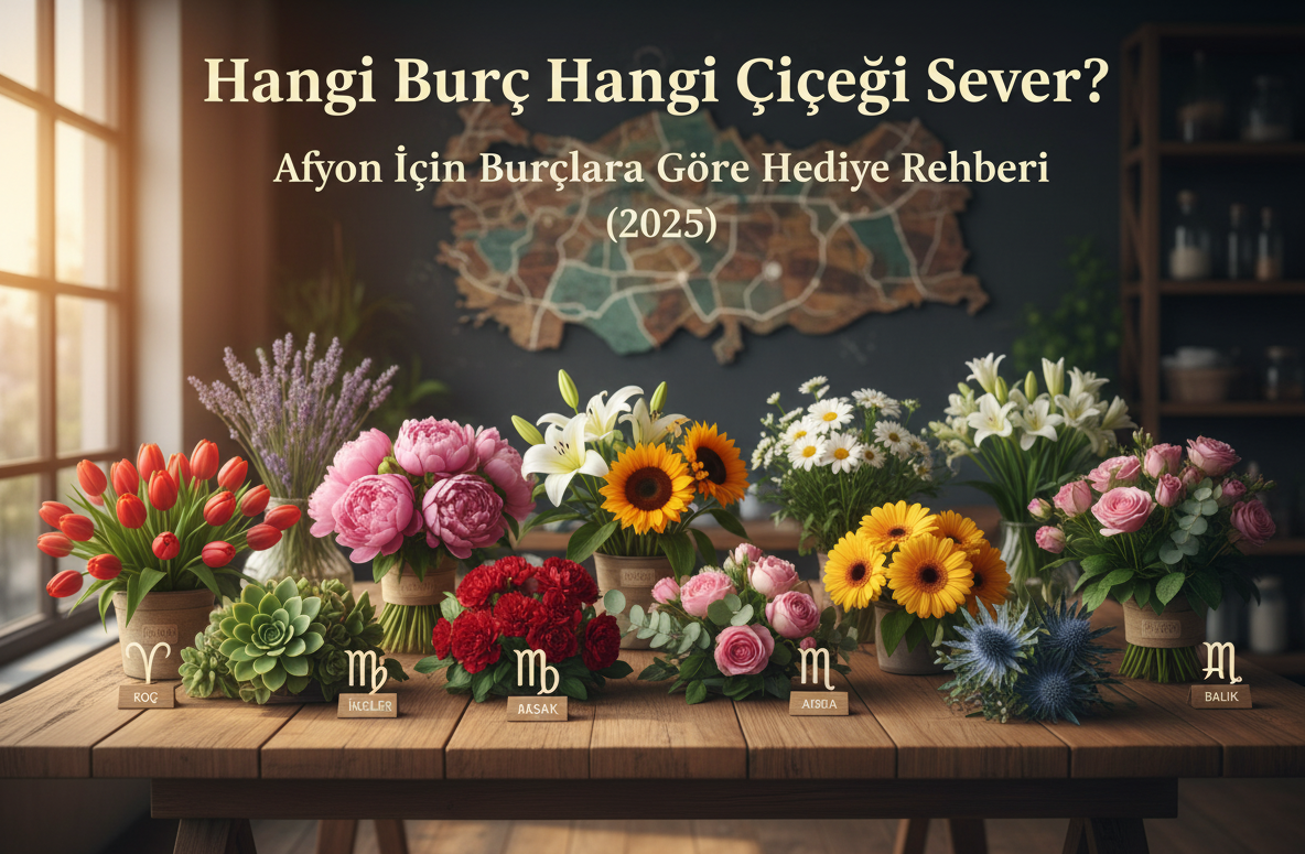Afyon hediye rehberi blog görseli: Zodyak haritası üzerinde burçlara uygun çiçekler (gül, orkide, şakayık, ayçiçeği) ile astrolojik kompozisyon.