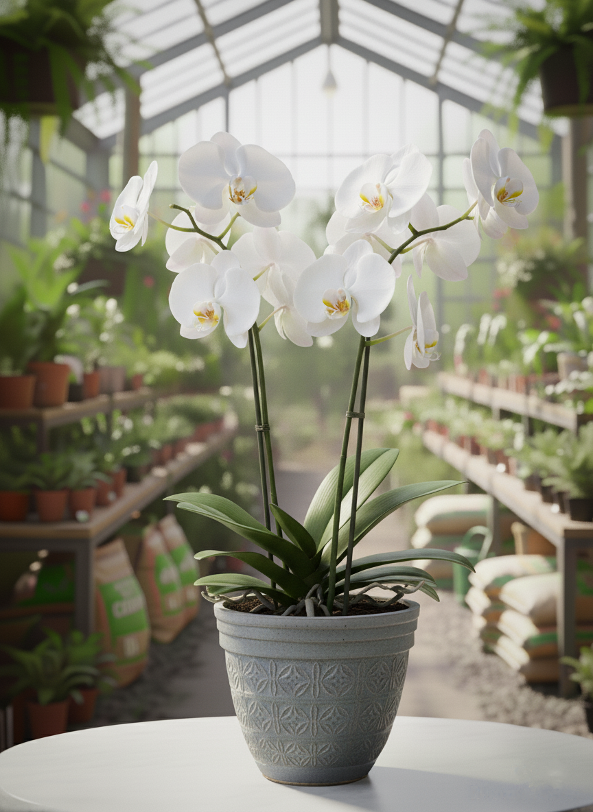 Afyon çift dallı beyaz orkide siparişi - Seramik saksıda taze çiçekli phalaenopsis