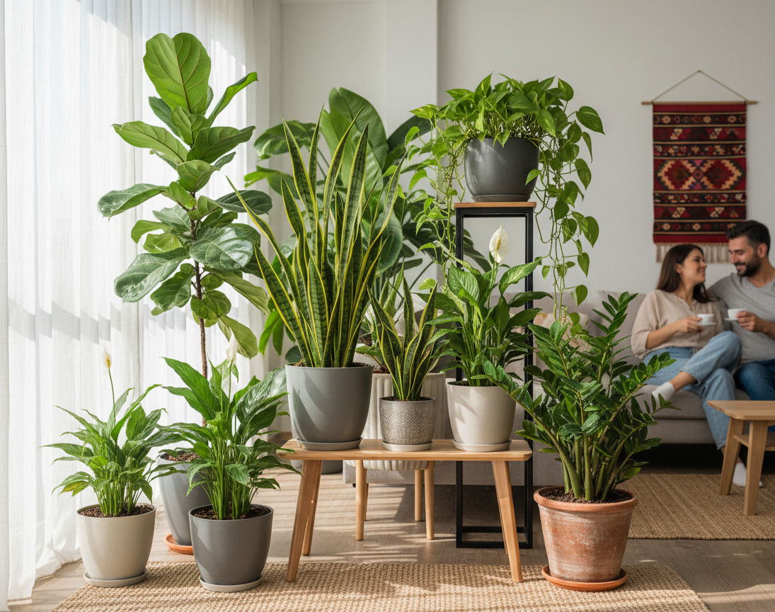 Afyonkarahisar iç mekan bitkileri rehberi başlık görseli: Salon bitkileri (monstera, spatifilyum, paşa kılıcı) ile modern ev dekorasyonu.