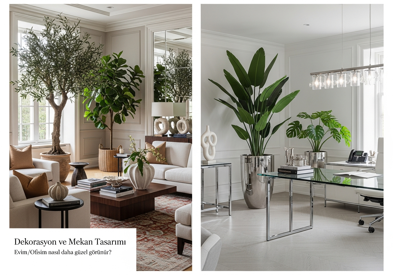 Afyon'da modern ve bitkilerle dekore edilmiş bir salon; büyük yapay muz ağacı ve beyaz orkide ile huzurlu bir ortam yaratılmış.