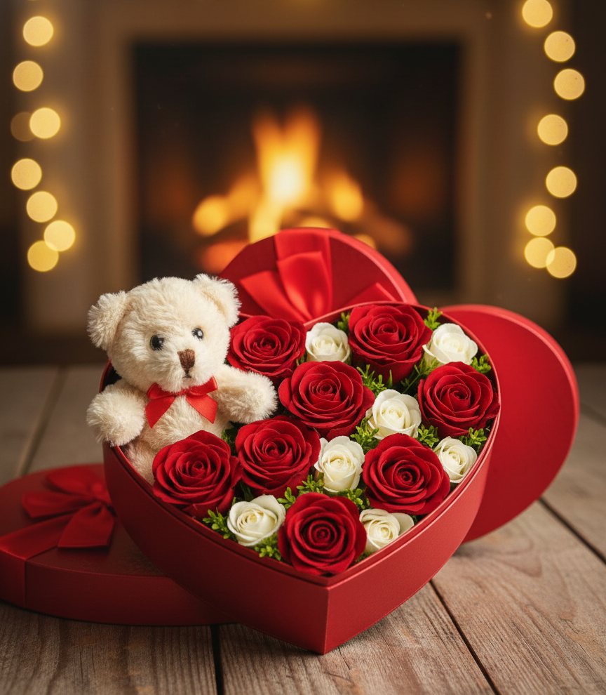 Afyon kalp kutuda kırmızı beyaz gül ve ayıcık siparişi - Romantik hediye seti