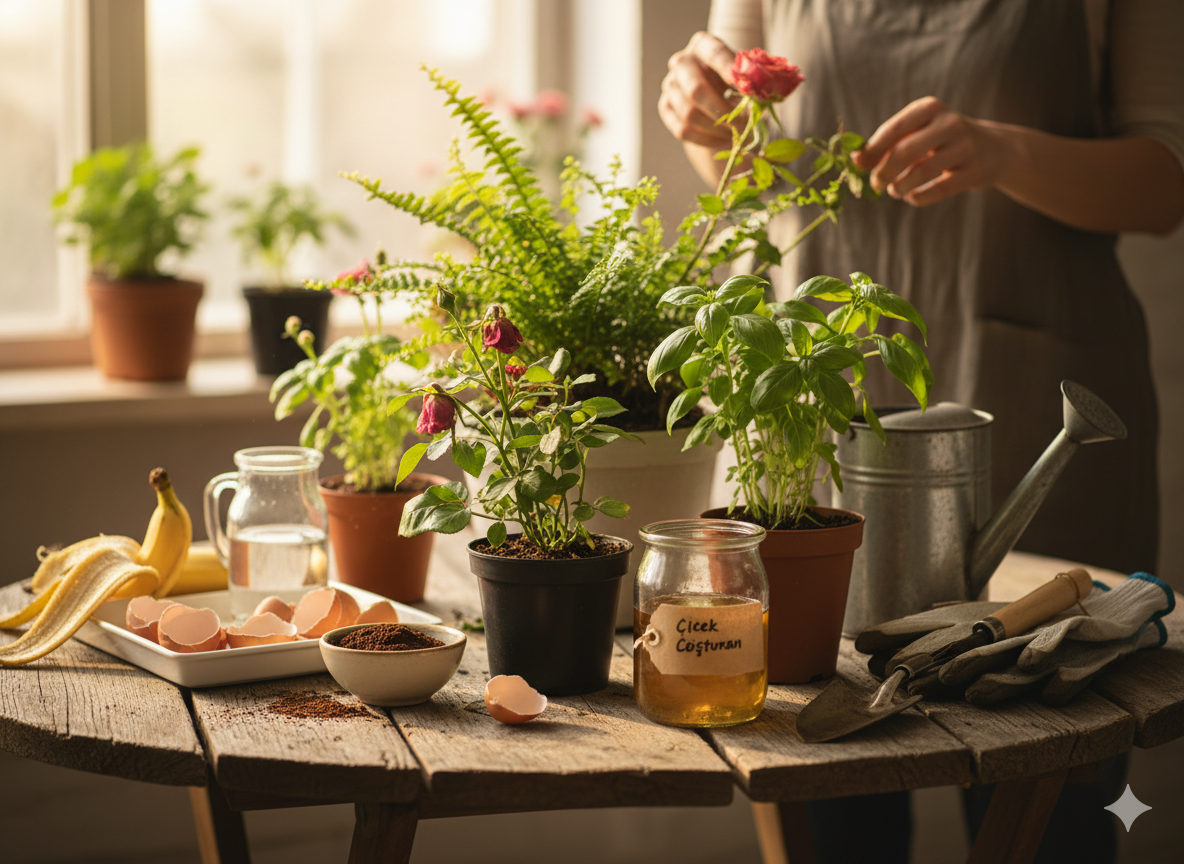 Afyon çiçek bakımı blog görseli: Solmuş saksı bitkisine bakım yapan eller ve Solan Çiçekleri Kurtarma Rehberi yazısı.