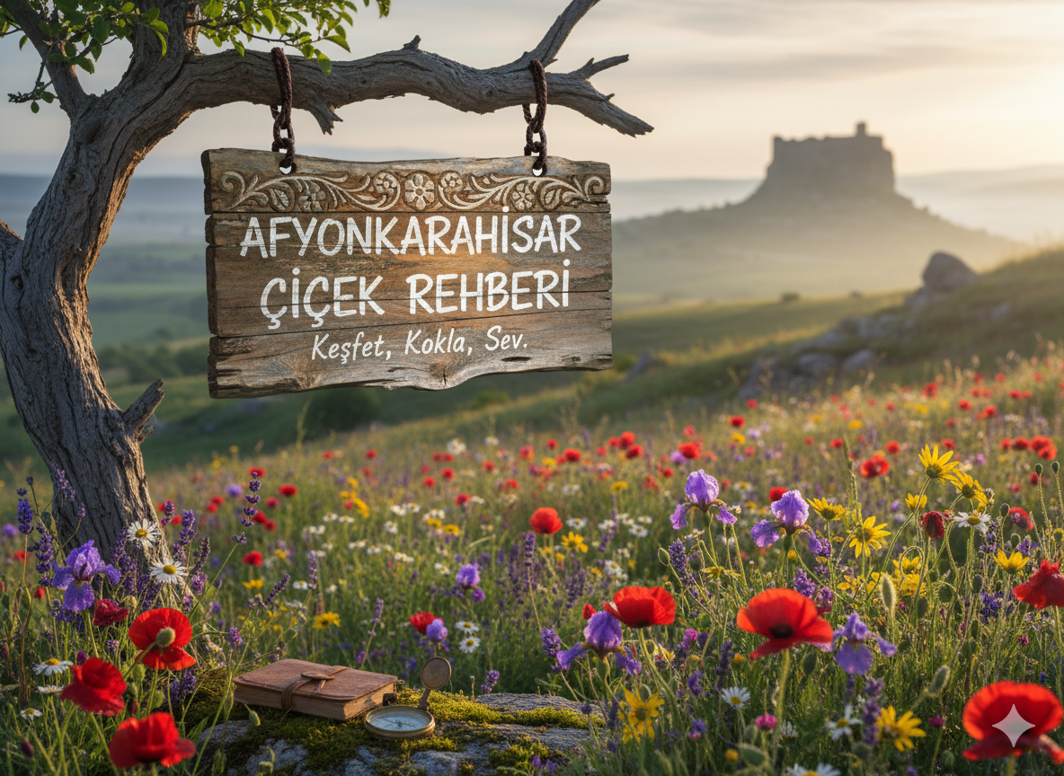Afyonkarahisar çiçek rehberi blog yazısı başlık görseli: Masada gül, orkide, papatya, şakayık ve Atatürk çiçeği ile açık botanik kitabı.